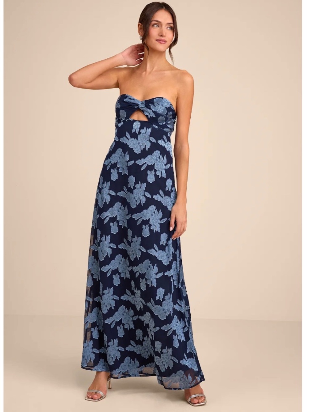 NWT Lulus Danae Navy Blue Floral Jacquard Strapless Maxi Dress S